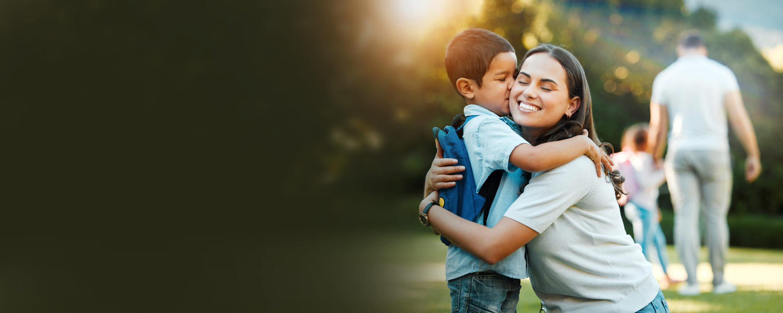 Child, mother and banner with hug, kindergarden and education with happiness for family support. Mock up, mom and son with kiss outdoor, campus and preparation with backpack for school beginning.